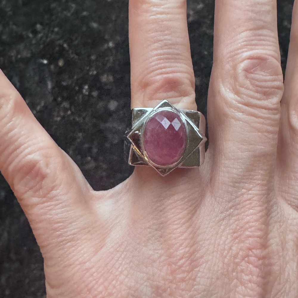 Geometric watermelon tourmaline, sterling silver 925 wide band, 6.5, weight 9.96 - Picture 3 of 9